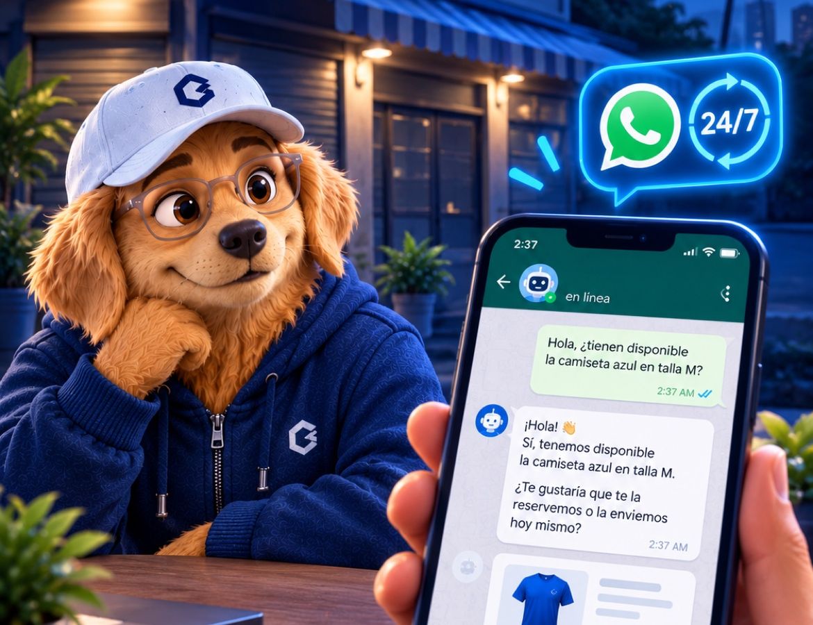 Lorenzo junto a un teléfono donde el bot de WhatsApp responde a un cliente de madrugada