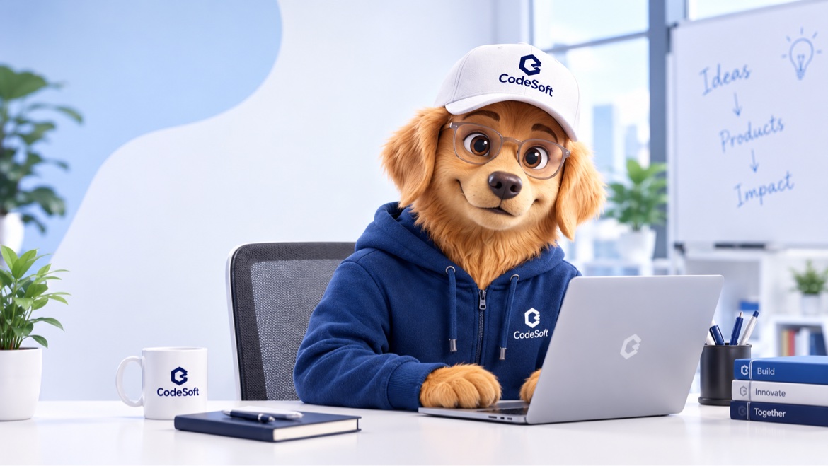 Lorenzo, perro golden con hoodie azul y gafas, programando en su laptop