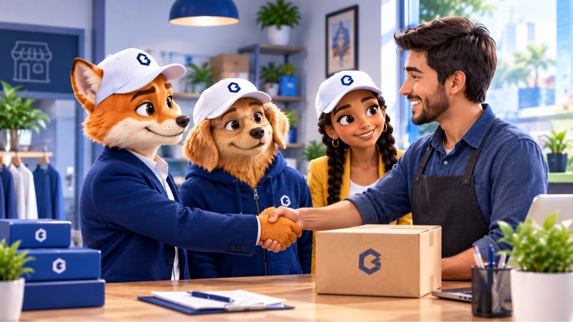 Martín, Lorenzo y Lucía estrechando la mano de un comerciante en su negocio