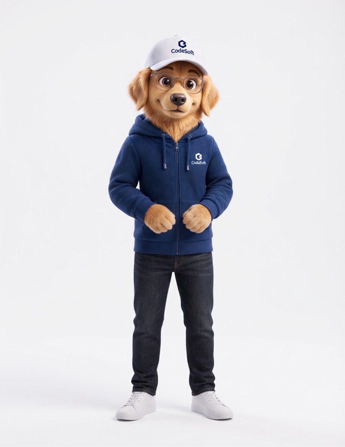 Lorenzo, el perro constructor de CodeSoft, con hoodie azul, gafas y gorra blanca