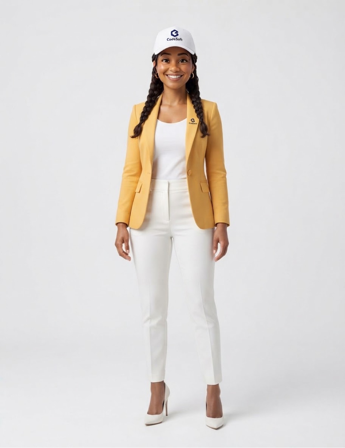 Lucía, asesora de clientes de CodeSoft, con blazer mostaza y gorra blanca