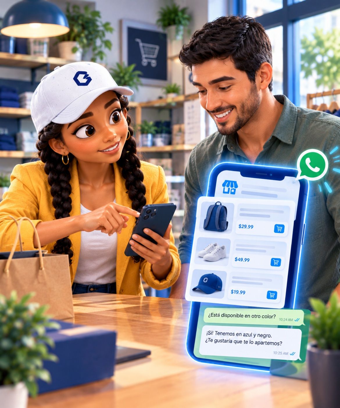 Lucía guiando a un cliente en su tienda mientras usa el catálogo digital en el teléfono
