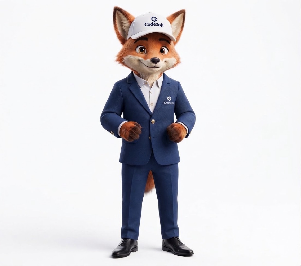 Martín, el zorro estratega de CodeSoft, con traje azul y gorra blanca